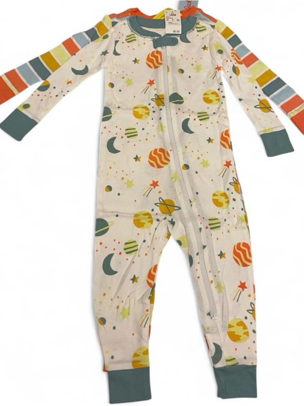 Cat & Jack White Space Planet Print Zip One-Piece with Teal Cuffs 2 packs